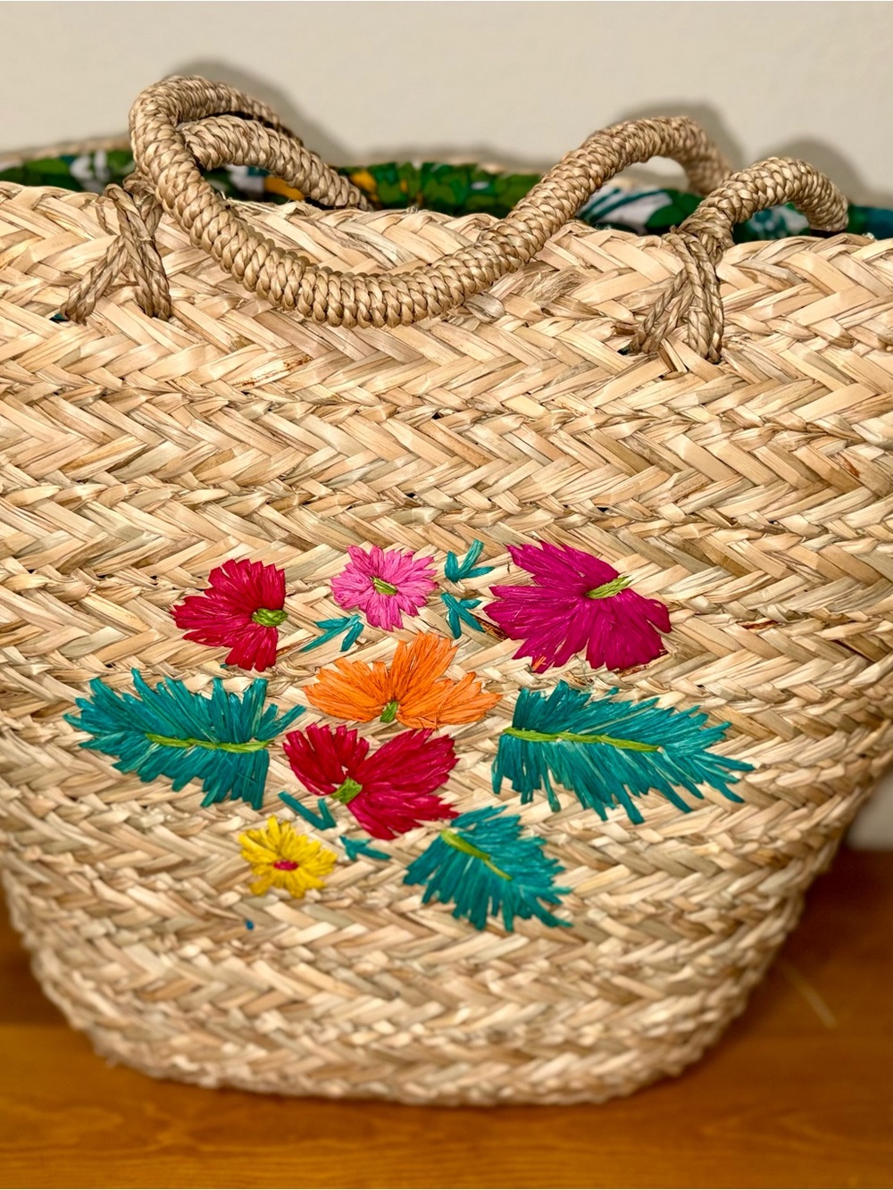 NATURAL LIFE Straw Tote with Pink, Orange, Teal & Yellow Floral Embroidery